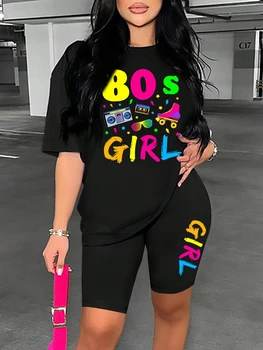 80 S Girl Colorful Printing Women T Shirts Two Piece Set Fashion Casual Short Sets Comfortable Breathable Shirt Shorts Female 1