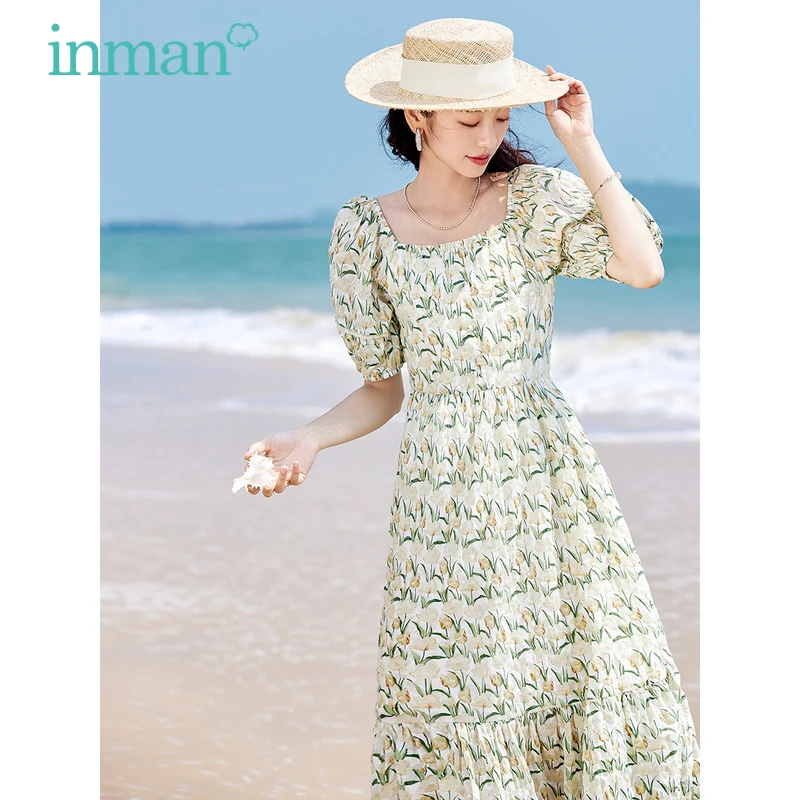 

INMAN Women Dress 2023 Summer Short Sleeve Elastic Square Collar A-shape Full Flower Print French Romantic Holiday Long Skirt