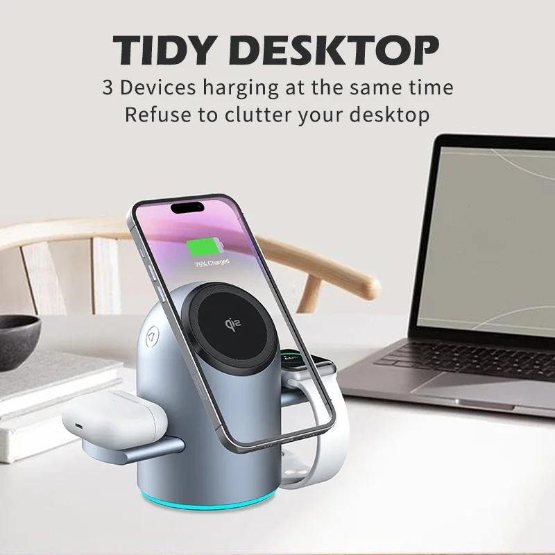 Qi2 15W 3-in-1 Auto-Rotating Magnetic Wireless Charger for IPhone 16/15/14 Pro Max & Apple Watch-Fast Charging Station