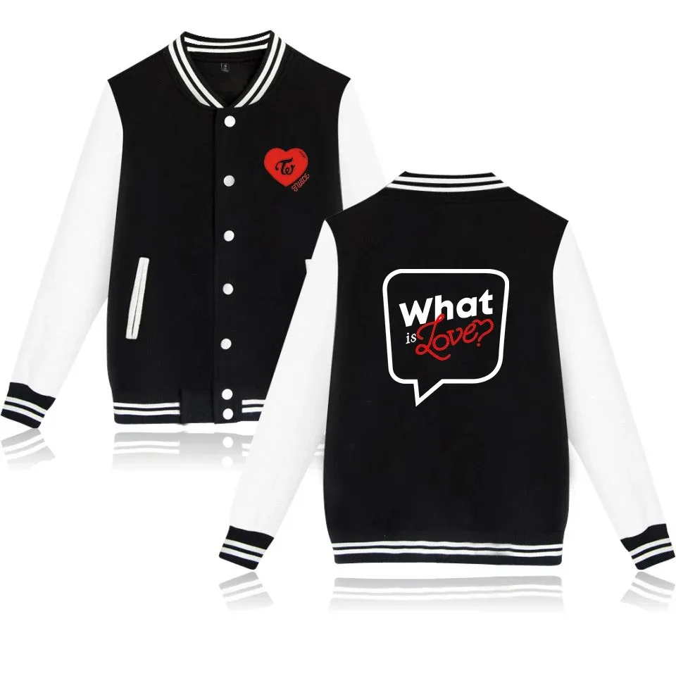 New twice what is love printed fashion sport sport baseball jacket men women hoodies casual sweatshirt long sleeve coats tops
