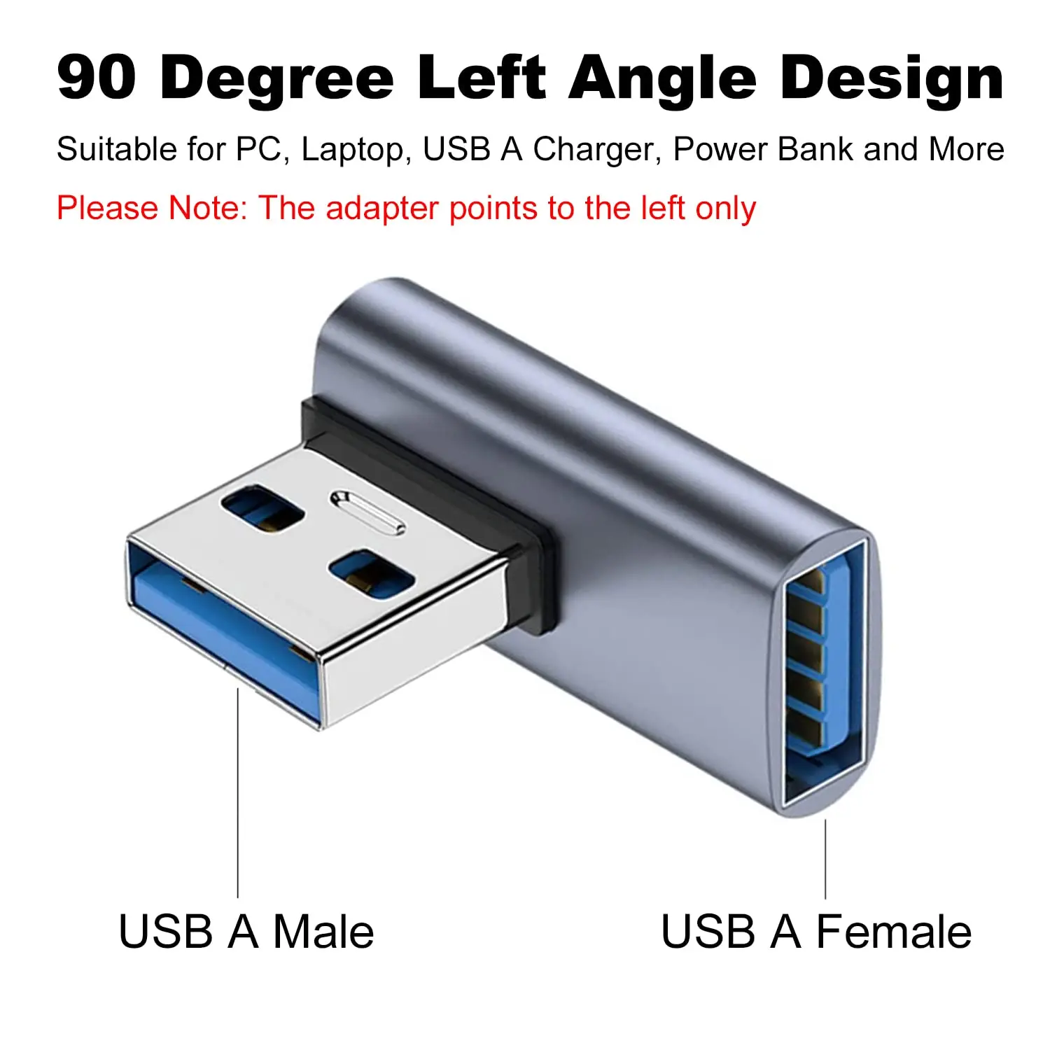 NNBILI 90 Degree USB 3.1 adapter 1-2 Pack Left Angle USB A Male to Female Converter Extender PC Laptop USBA Charger