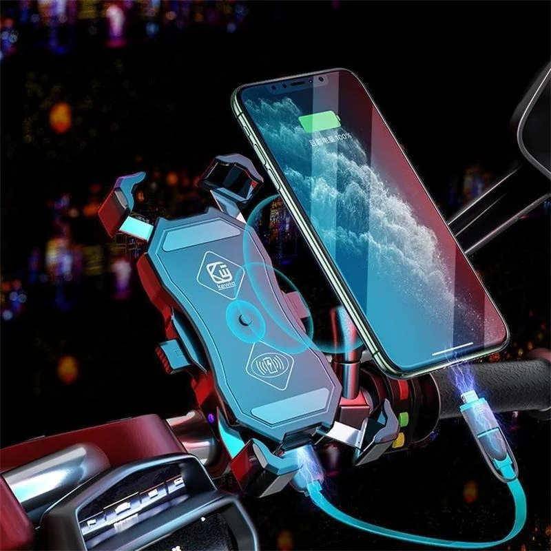 Wireless Motorcycle Phone Holder with Fast Charging 15W Qi/USB