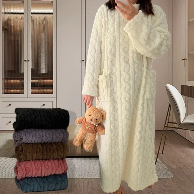 Winter Long Sleeve Double Pocket Flannel Women Sleepwear Loose Solid Jacquard Nightdress Thickened Warm Nightdress women sleepwear