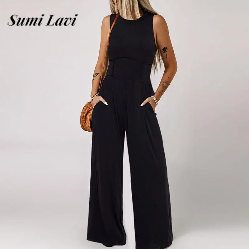 

Fashion O-neck Hight Waist Knitted Jumpsuits Women Elegant Sleeveless Loose Long Romper Casual Pockets Solid Playsuits Overalls