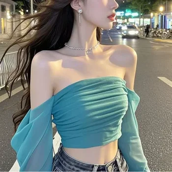 New line shoulder mesh long sleeve T-shirt women with slim-fit hottie sexy explosion street wear short top 1