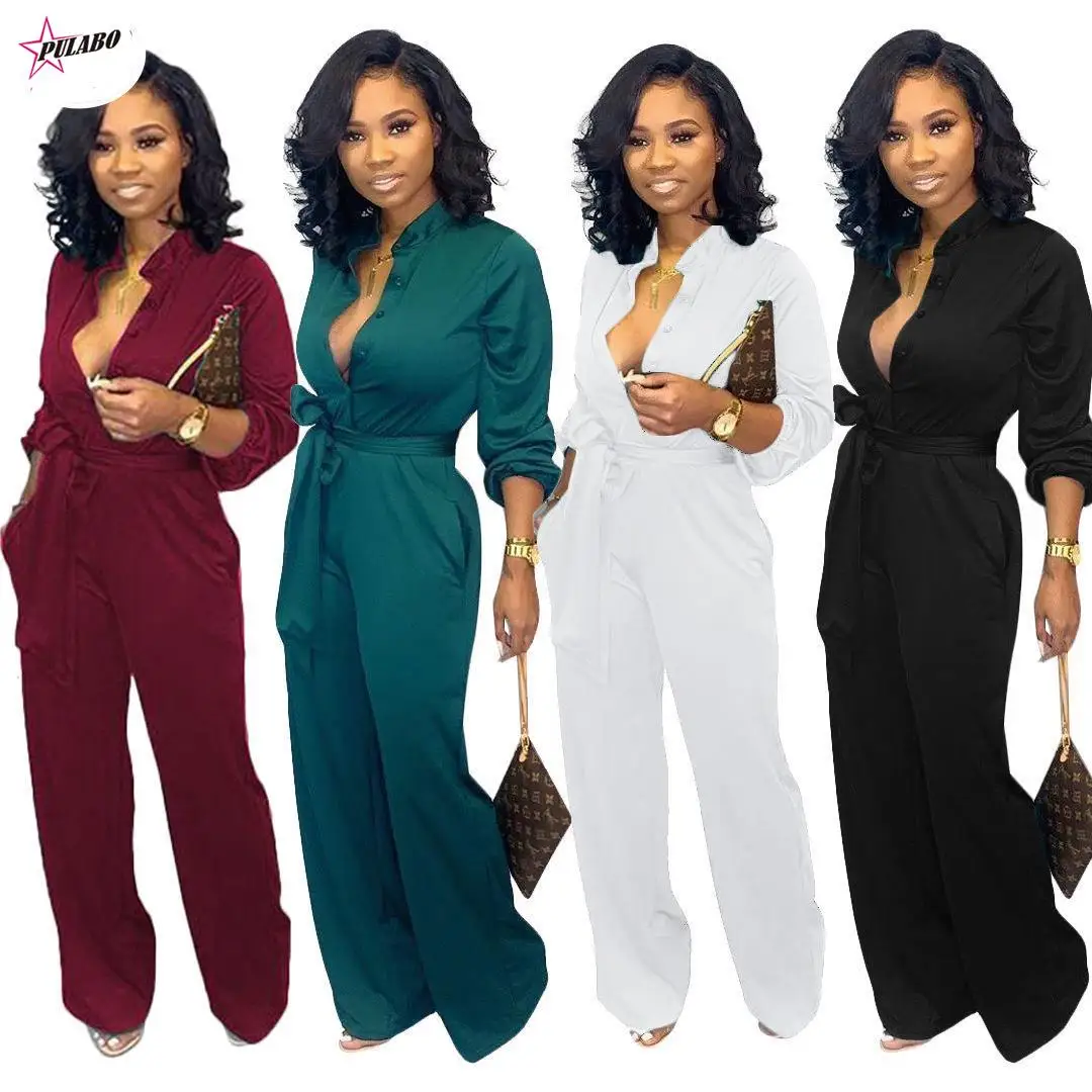 

PULABO Women Wide-leg Jumpsuit With Pocket Elegant Long Sleeve Waist Belt Button Party Romper Autumn Ladies Jumpsuit 3XL