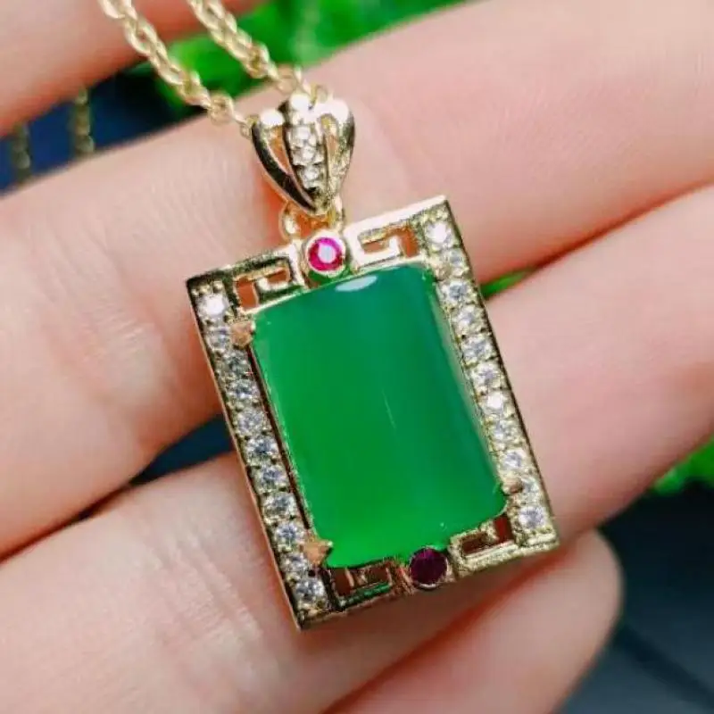 Rectangle Green Jade Pendant Necklace 