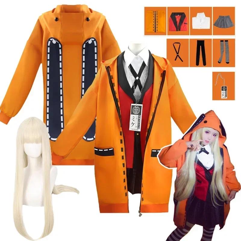 

Yomozuki Runa Cosplay Costume Anime Kakegurui Cosplay Wig and Orange Hooded Jacket School Uniform Halloween Costume for Women