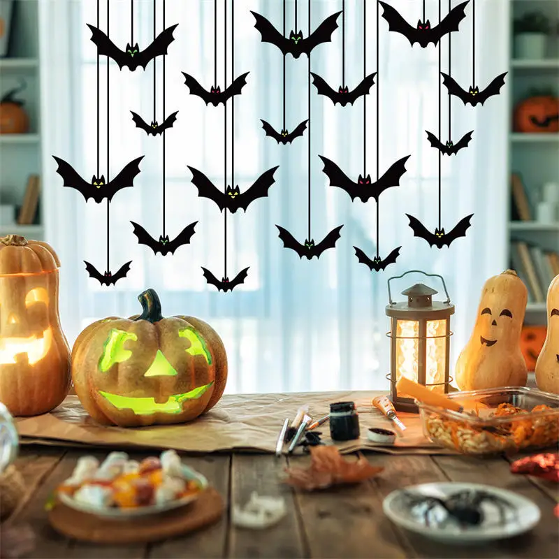 18pcs 3size Halloween Decoration Black Bat String Black Hanging Ornament Scary Horror Halloween Garland Decor