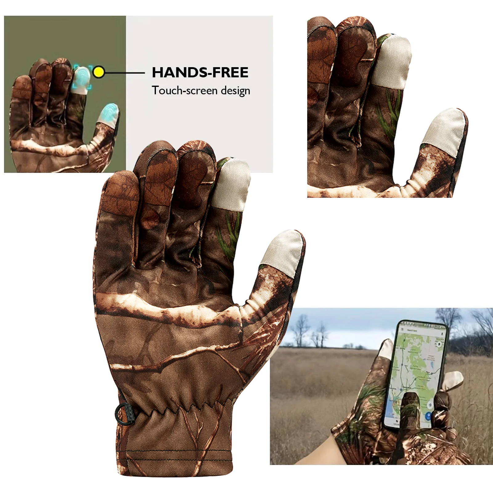 Camouflage Hunting Gloves, Thumb and Forefinger use Smart Phone Without Taking Off Gloves