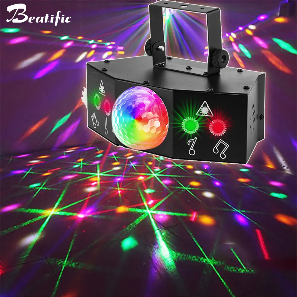 

LED Disco Light Rotating Magic Ball 4 Laser Len Sound Party Lights Karaoke NightClub Wedding Professional DMX DJ Stage Projector