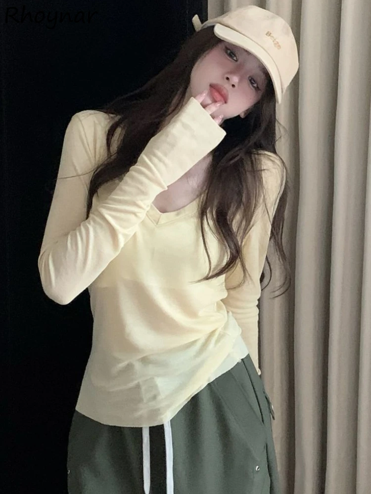 

T-shirts Women American Style Long Sleeve Simple Solid Elegant Sexy Slim Ladies New All-match Daily Autumn V-neck Sun-proof Cozy