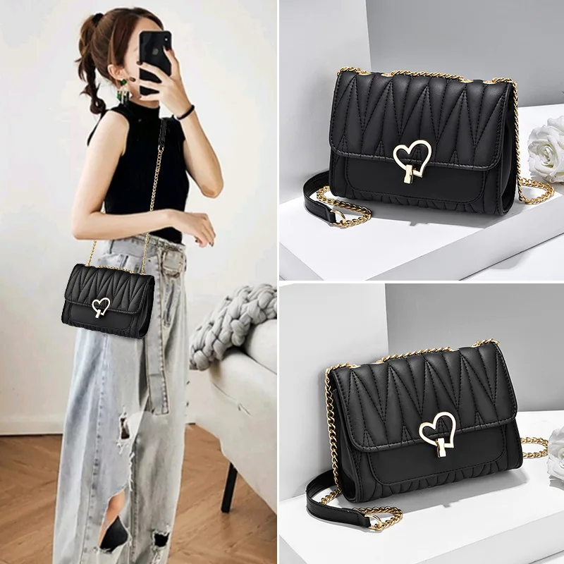 Fashion heart lock women's shoulder bag casual messenger bag cute leather female crossbody bag small square bag