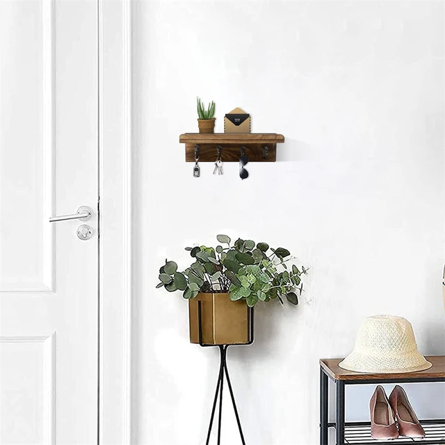 Porte-clés en bois rustique pour mur, étagère murale de ferme, décoration de maison, étagère flottante murale avec 4 crochets 3
