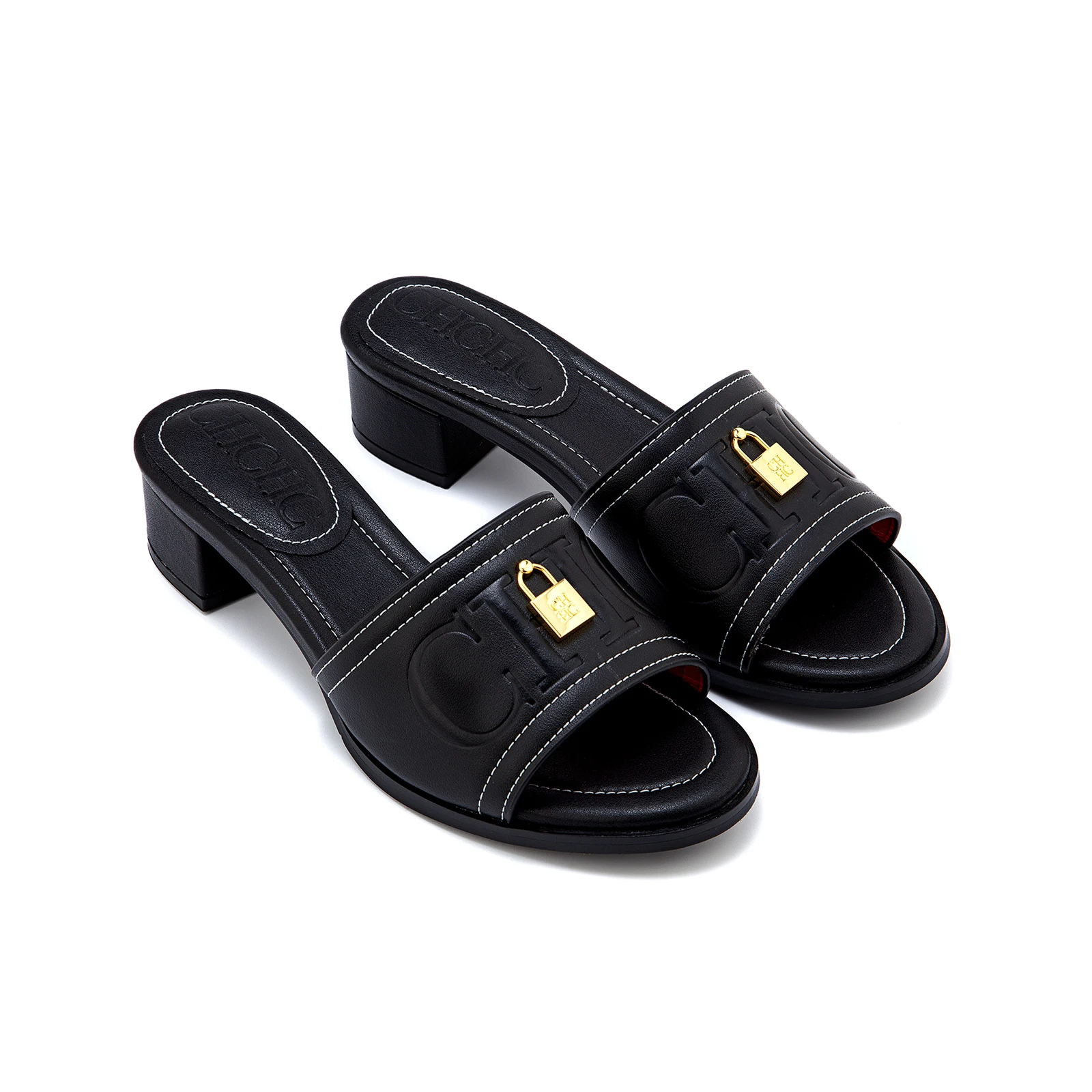 صندل مفتوح بكعب عالي بتصميم جلد زخرفة إبزيم قفل ذه...