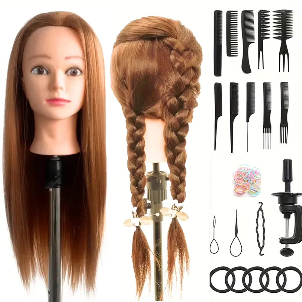 Synthetic Fiber Hairdresser Practice Styling Training Head, Human Model Doll Head, with Free Rubber Band and Hairdressing Tools