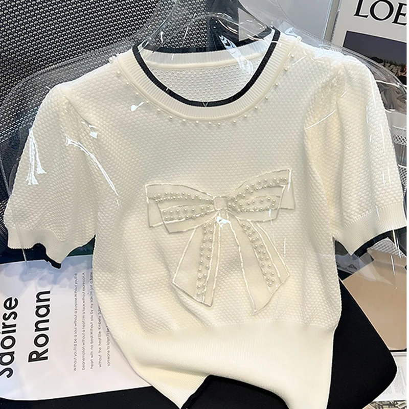 

ZJYT Women's Beading Bow Pullover Knitting Sweaters Summer O Neck Knitted Tops Knitwears Jersey Mujer Chinese Style 2024 Fashion