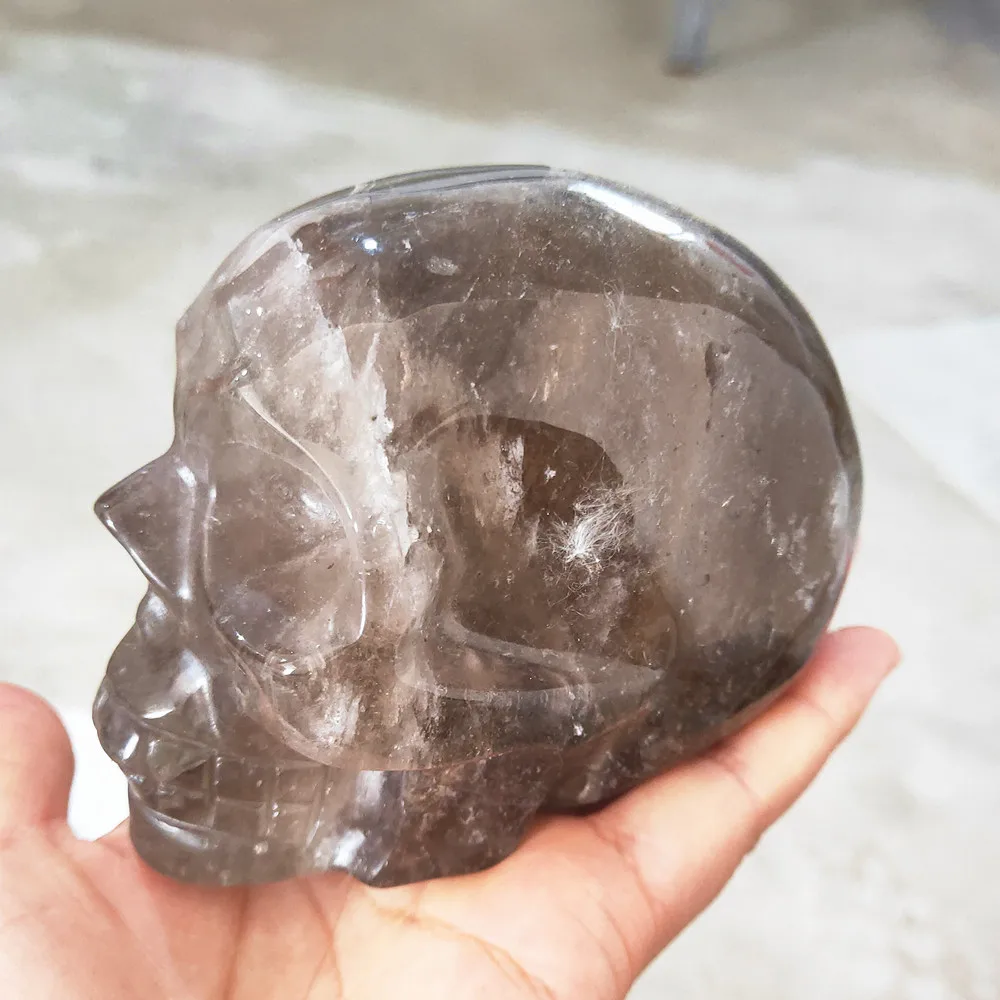 Cráneo de cristal de 600g, piedra preciosa de cuarzo ahumado Natural, Cranium Reiki, decoración curativa