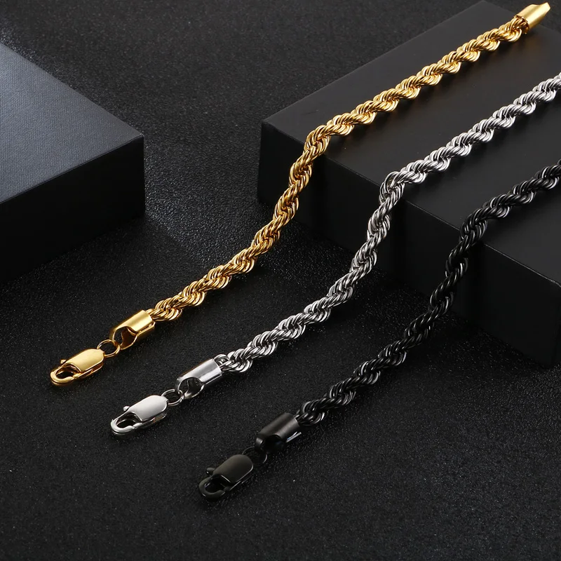 6MM Simple Twisted Rope Chain Bracelet 18k Gold Plated Stainless Steel Punk Rock Bicycle Male Jewelry Gifts stainless steel bracelet,rope bracelet