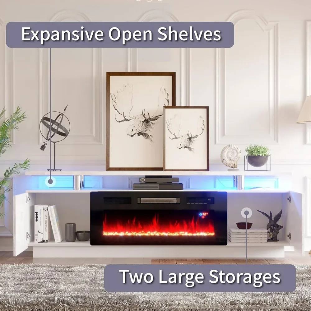Fireplace TV Stand with Fireplace, Modern High Gloss Fireplace Entertainment Center LED Lights, 2 Tier TV Console Cabinet 5