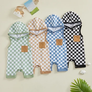 FOCUSNORM 4 Colors Toddler Baby Boys Rompers Checkerboard Plaid Print Sleeveless Hooded Pocket Jumpsuits Summer Clothes