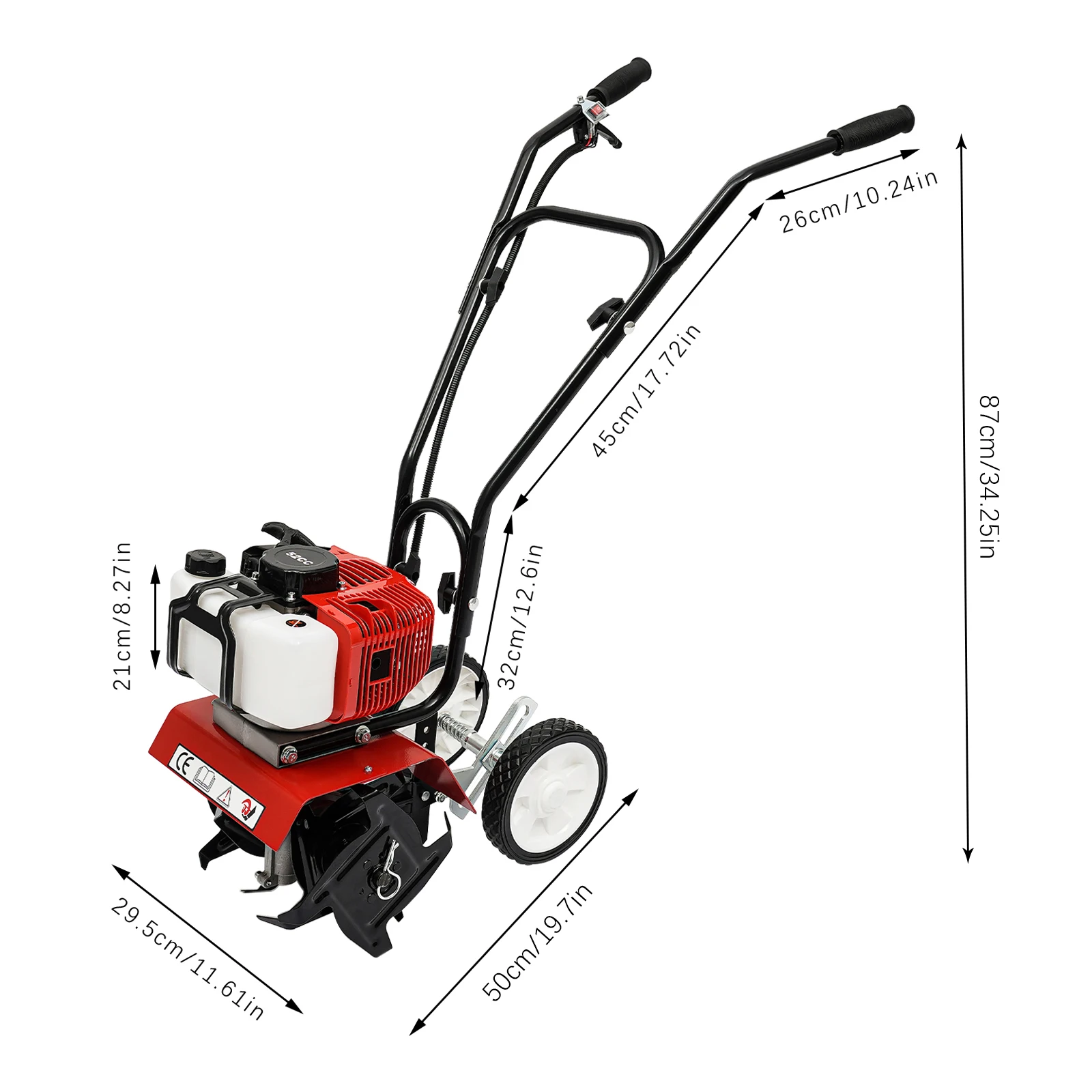 Garden Tiller 52CC Single Cylinder Petrol Engine 1700W 2 Stroke Lawn Cultivator Rotovator Soil with Oil Mixing Bottle