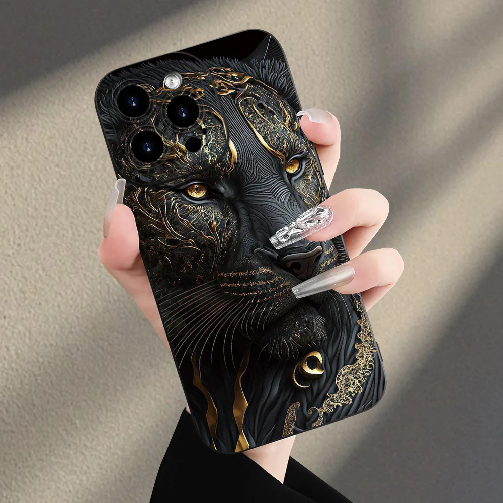 Golden Gilded Black Lion Pattern Phone Case - Luxury Protective Back Cover