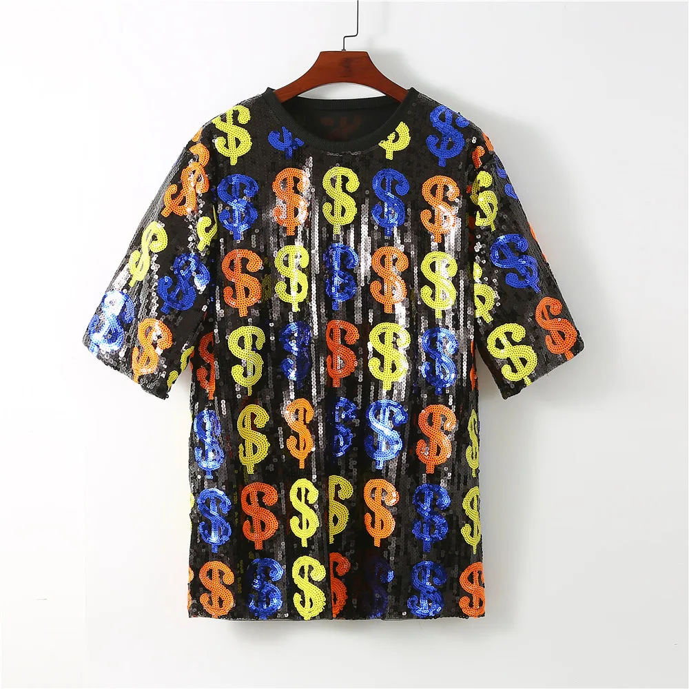 

Женская футболка с блестками, модельная свободная футболка в стиле хип-хоп с принтом, прямой Топ с круглым вырезом для ночного клуба, лето