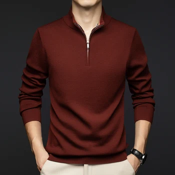 T-shirt da uomo casual in lana a maniche lunghe con colletto alla coreana Autunno e inverno Nuovo stile Camicia POLO lavorata a maglia spessa calda di colore puro 1