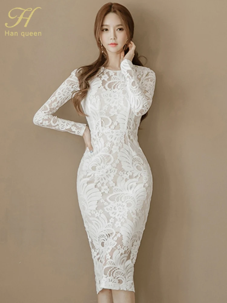 Han Queen New Lace Pencil Dress Women Hollow Out Sheath Bodycon Dresses ...
