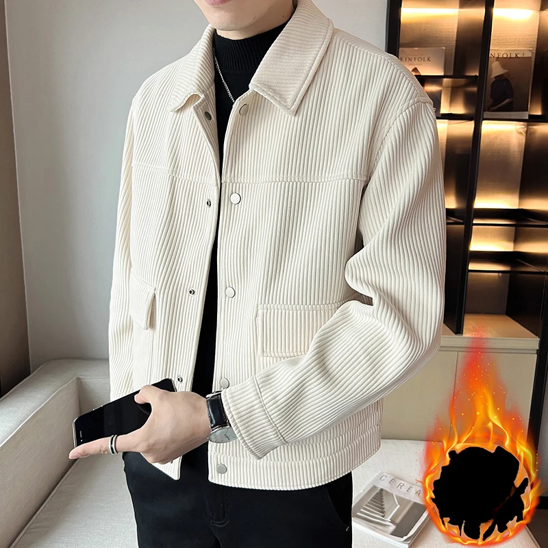 

2023 Men's Autumn Winter New Short Corduroy Jackets Men Lapel Solid Color Overcoats Male Single Breasted Pockets Coats P579