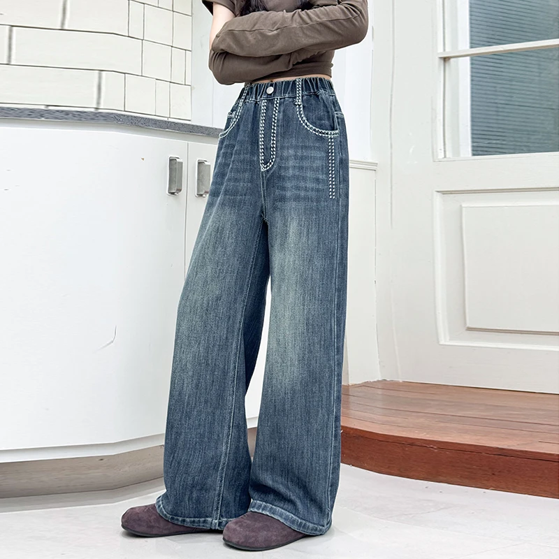 빈티지 탑스티치 디자인 아동용 봄 가을 스트레이트 핏 청바지 여아용 스타일리쉬 블루 데님 팬츠 5 7 10 11 12 14세