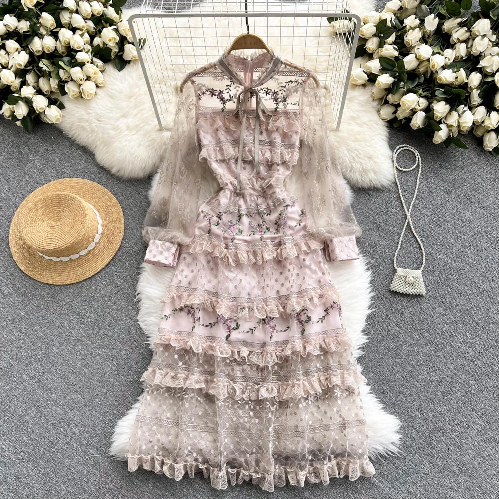 

Gorgeous Cascading Ruffles Mesh Dress Women Lantern Sleeve Flower Embroidery Stitching Lace Trims Sweet Bow Party Midi Dress6762