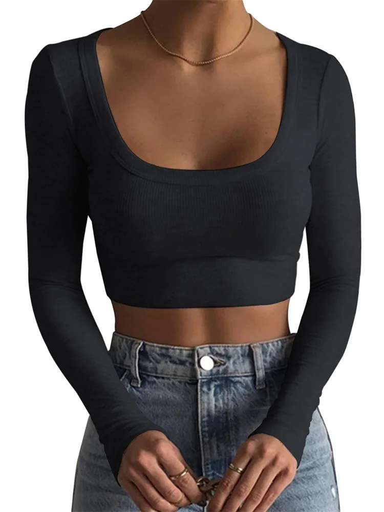 Camicia Corta Da Donna Manica Lunga Girocollo Profondo Tinta Unita Maglia Crop Top Da Donna Street Casual Party Street Summer Tops Y2K