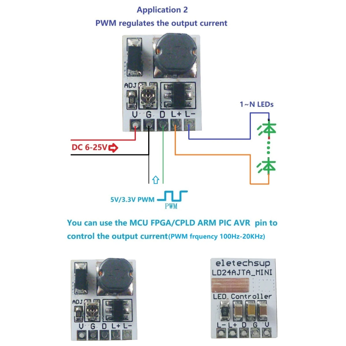 

DC 12V 24V LED Dimming Control 0-910MA Constant Current Adjustable PWM LED Driver Module LD24AJTA_MINI Board for Arduino ESP32