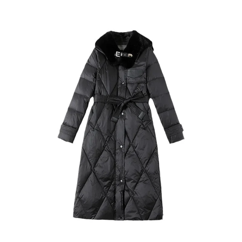 Down jacket white duck down 2023 winter fashion mid length high-end plush collar new waistband women's down jacket