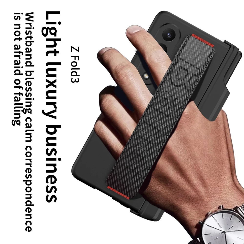 For Samsung Galaxy Z Fold 3 Fold3 Case Matte Wristband Magnetic Hinge Pen Holder Kickstand Shockproof Hard Back Case Accessories