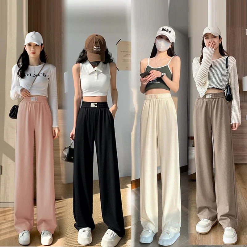 

2023 New Narrow Wide Leg Pants Women's Spring/Summer Thin High Waist Draping Summer Slim Straight Tube Casual Knitted Pants