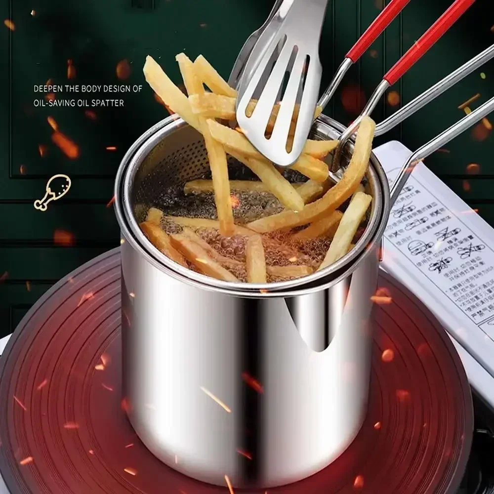 2025 Stainless Steel Deep Fryer with Basket Multi-Purpose for Home Commercial Tempura Chicken Frying Anti-Slip Base Cool Handle