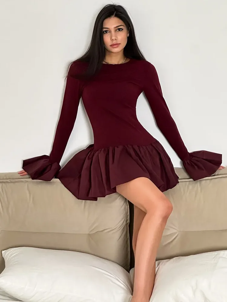 Angora Red Flare Sleeve Mini Dress For Women Fashion Splice Folds Autumn Winter Dress A-Line Sweet Bodycon Women Clothes