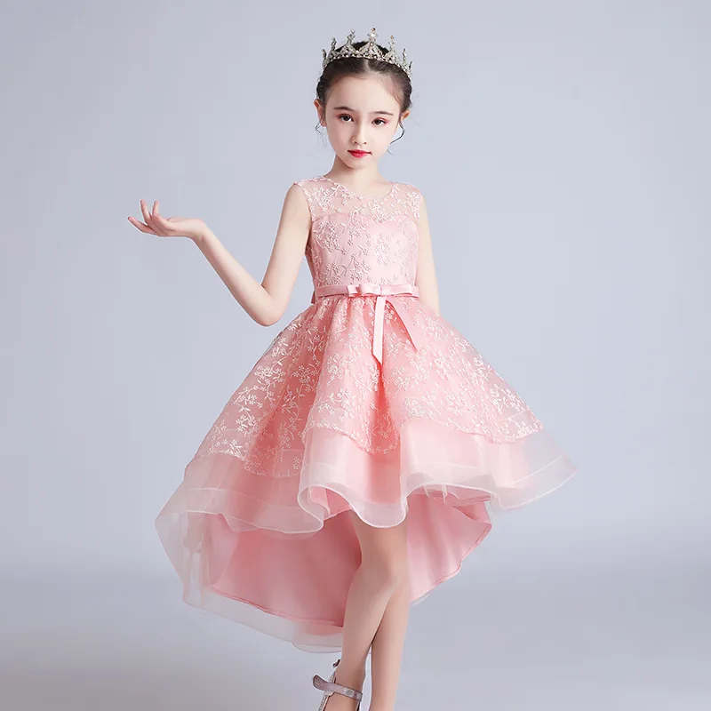 

Elegant Pink Flower Girl Dresses for Wedding Lace Tiered Hi Lo Kids Birthdays Party Gowns Children Performance Stage Dresses