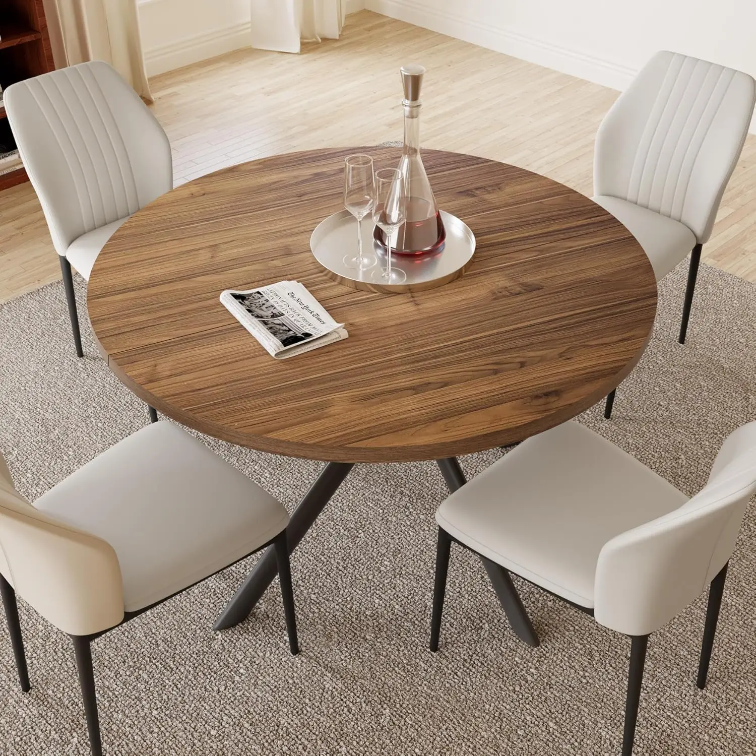 45.3'' Walnut Round Dining Table Set for 4, Mid Century Modern Small Coffee Set for Dining Room Kitchen Apartment