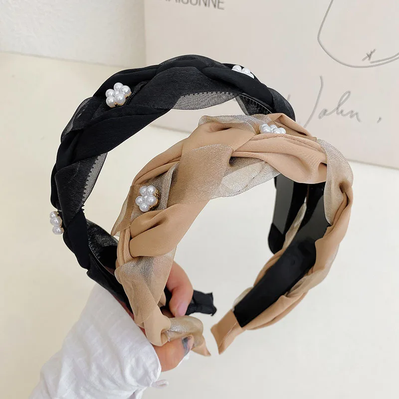 

New Vintage Satin Braided Braid Wide Side Headbands for Women Pearl Flower Hair Bands Girls Hair Hoop Headwear Hair Accessories