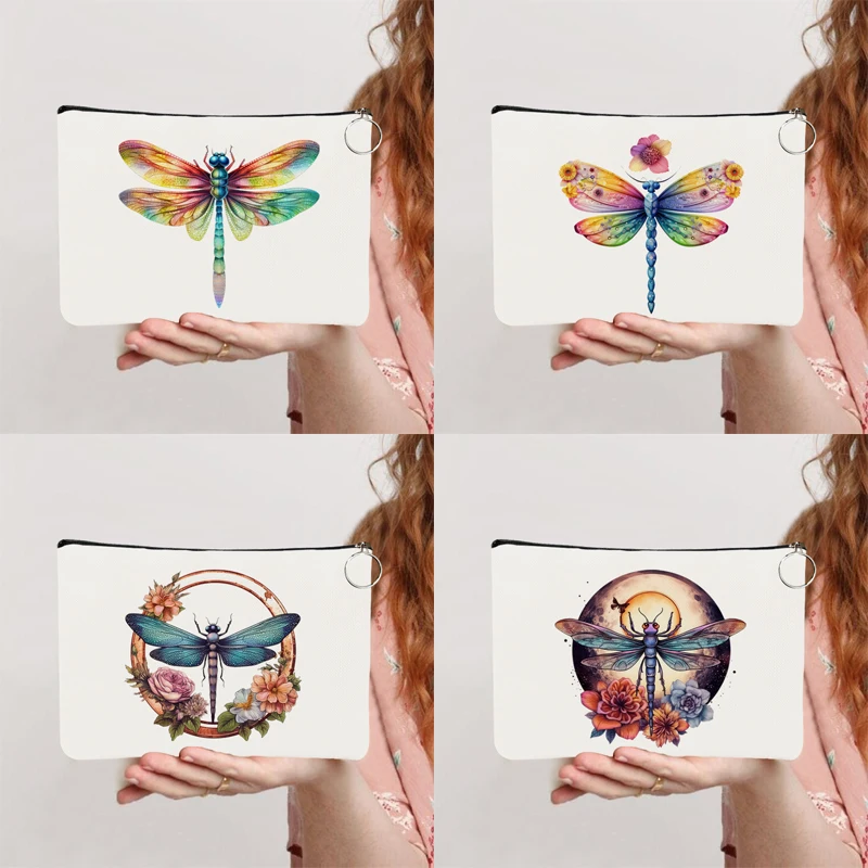 

New Arrival Floral Dragonfly Design Canvas Pouch Moon Digital Printing Travel Organizer Makeup Cosmetic Bag Purse