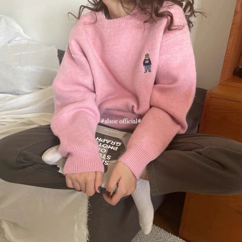 

Autumn Winter Korean Style Sweaters for Women Cartoon Bear Embroidery Casual O-Neck Long Sleeve Knitted Pullover Sweater