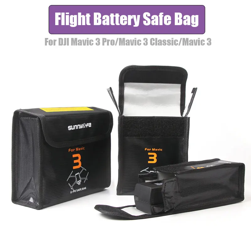 Sac anti-déflagrant pour batterie DJI Mavic 3 Pro et Classic ouvert, montrant les compartiments pour batteries.