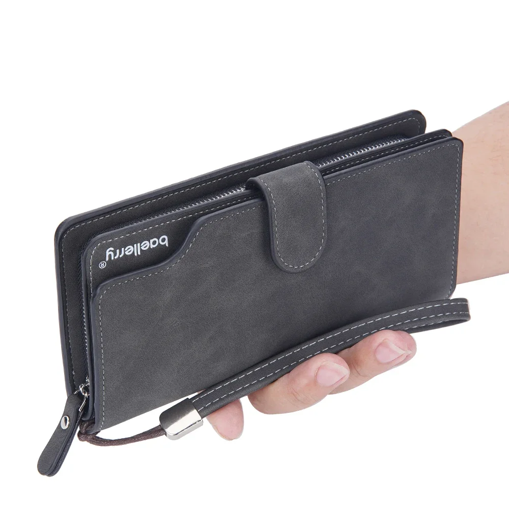 

Baellerry Long Men Wallets Matte Pu Leather Card Holder Male Purse Large Capacity Zipper Phone Bag Strap Clutch Wallet for Men