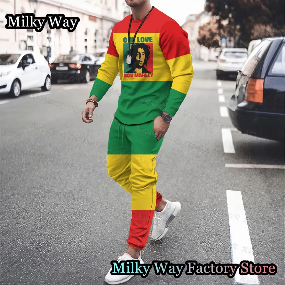 Spring Men Bob Marley Tracksuit Fashion Long Sleeve T-Shirt Trousers Set Male Jogging Suit One Love Print Clothing Casual Outfit men tracksuits suit pocket spring autumn hoodie zipper jogging trousers solid fitness casual clothing sportswear set plus size