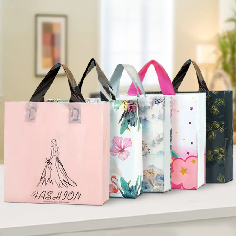

50pcs Vertical Handbag Clothing Store Plastic Portable Pack Bags 0.12mm Durable Gift Cosmetic Shopping Folded Edge Storage Bag