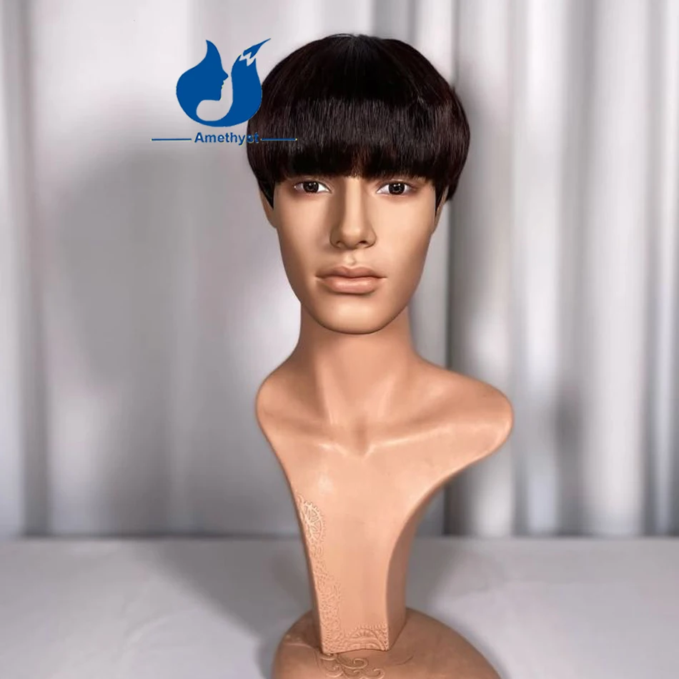 Amethyst Natural Black Men's Short Bob Wig Straight Pixie Cut Brazilian Remy Hair Full Lace Wig with Bleached Knots for Male